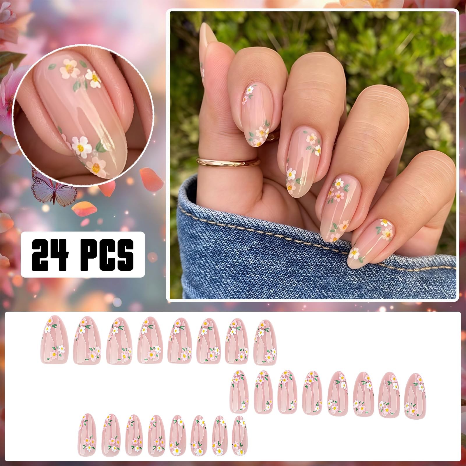 24Pcs Flower Press on Nails Medium Almond with Daisy Flower French Tip Nude P…