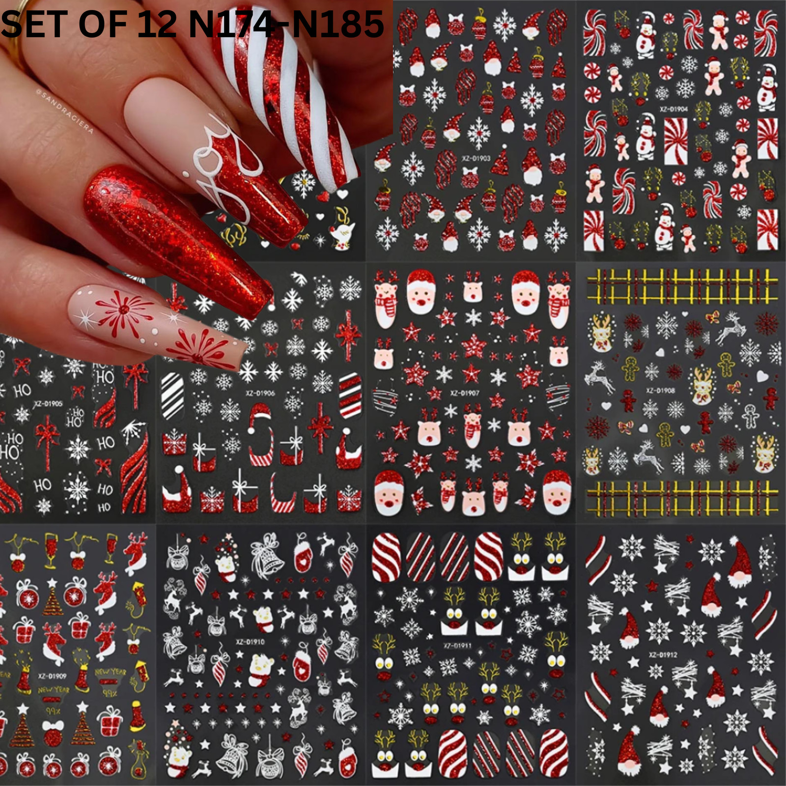 Set of 12 Christmas 3D Nail Decals – Holiday Reindeer, Candy Cane, Santa & Snowf