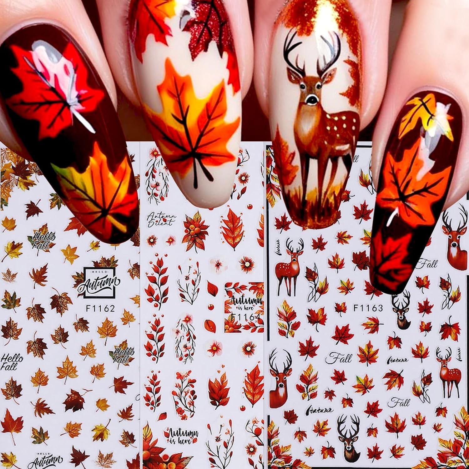 Fall Nail Stickers Maple Leaf Nail Decals 6PCS 3D Self-Adhesive Leaves Deer N…