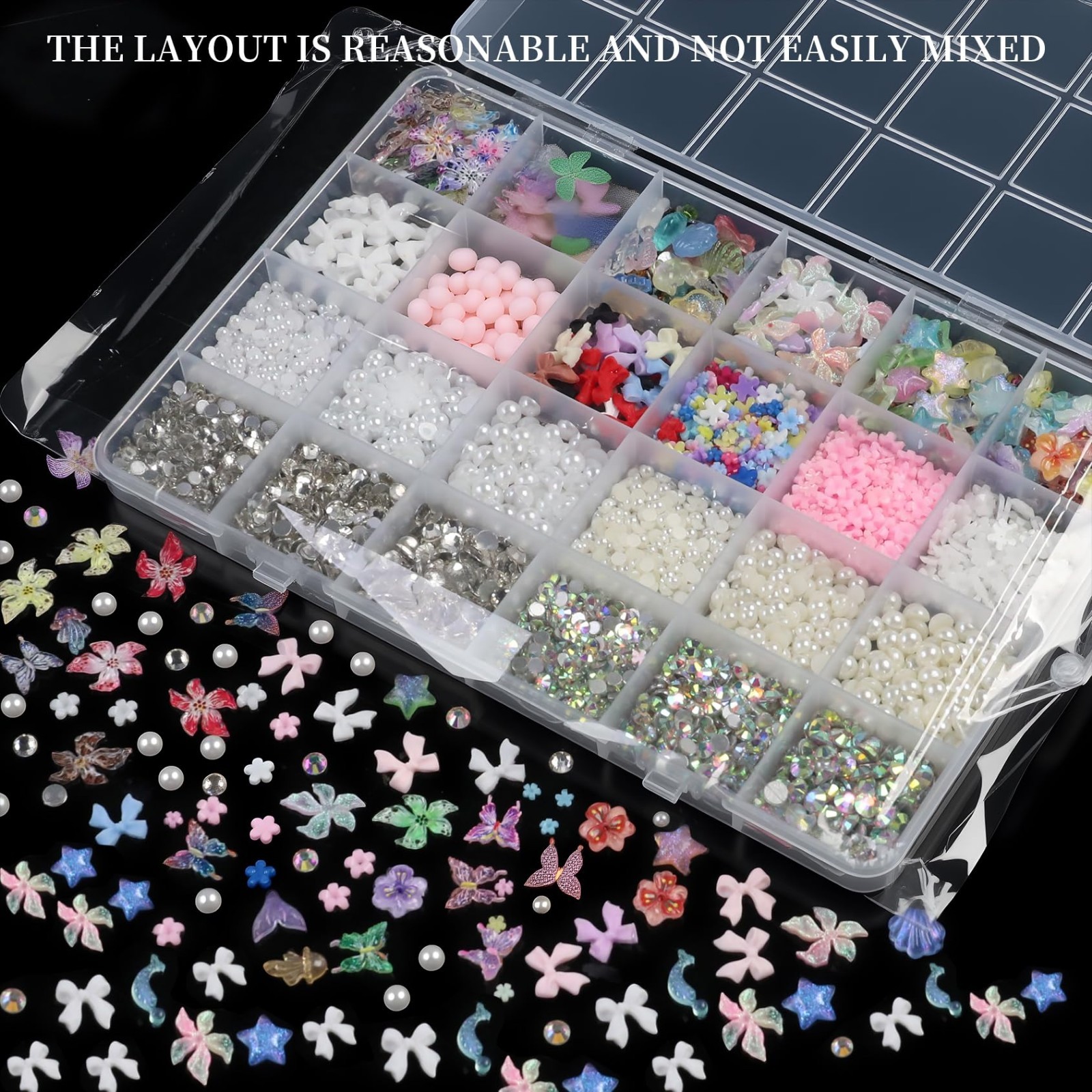 24 Grid Colorful Nail Charms – 3D Flowers, Butterflies, Ocean Stars, Bows & Gems