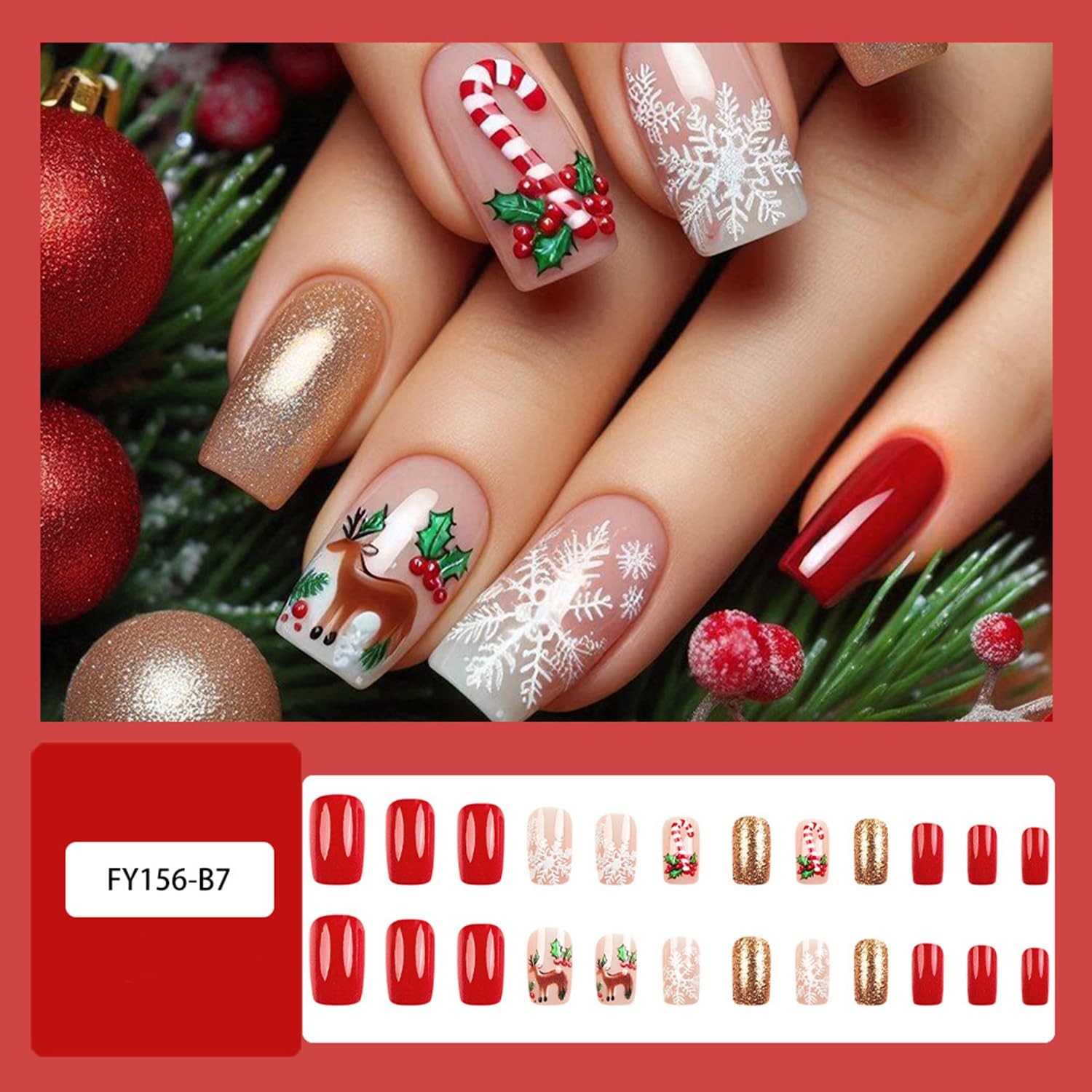 48pcs Christmas Press-on Nails Candy Cane Reindeer Snowflake Holiday Party Nails