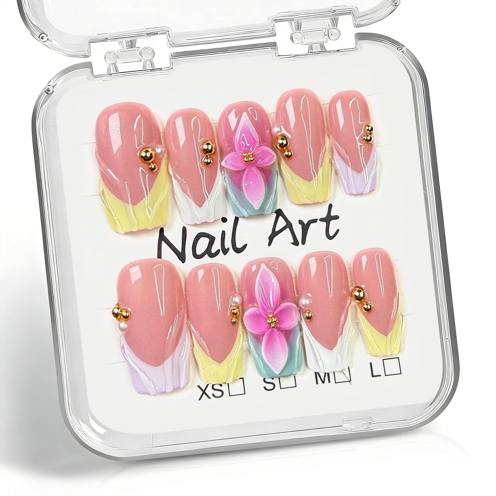 10 Pcs Medium Square Press-On Nails, 3D Flower Colorful French Tips, Acrylic M S