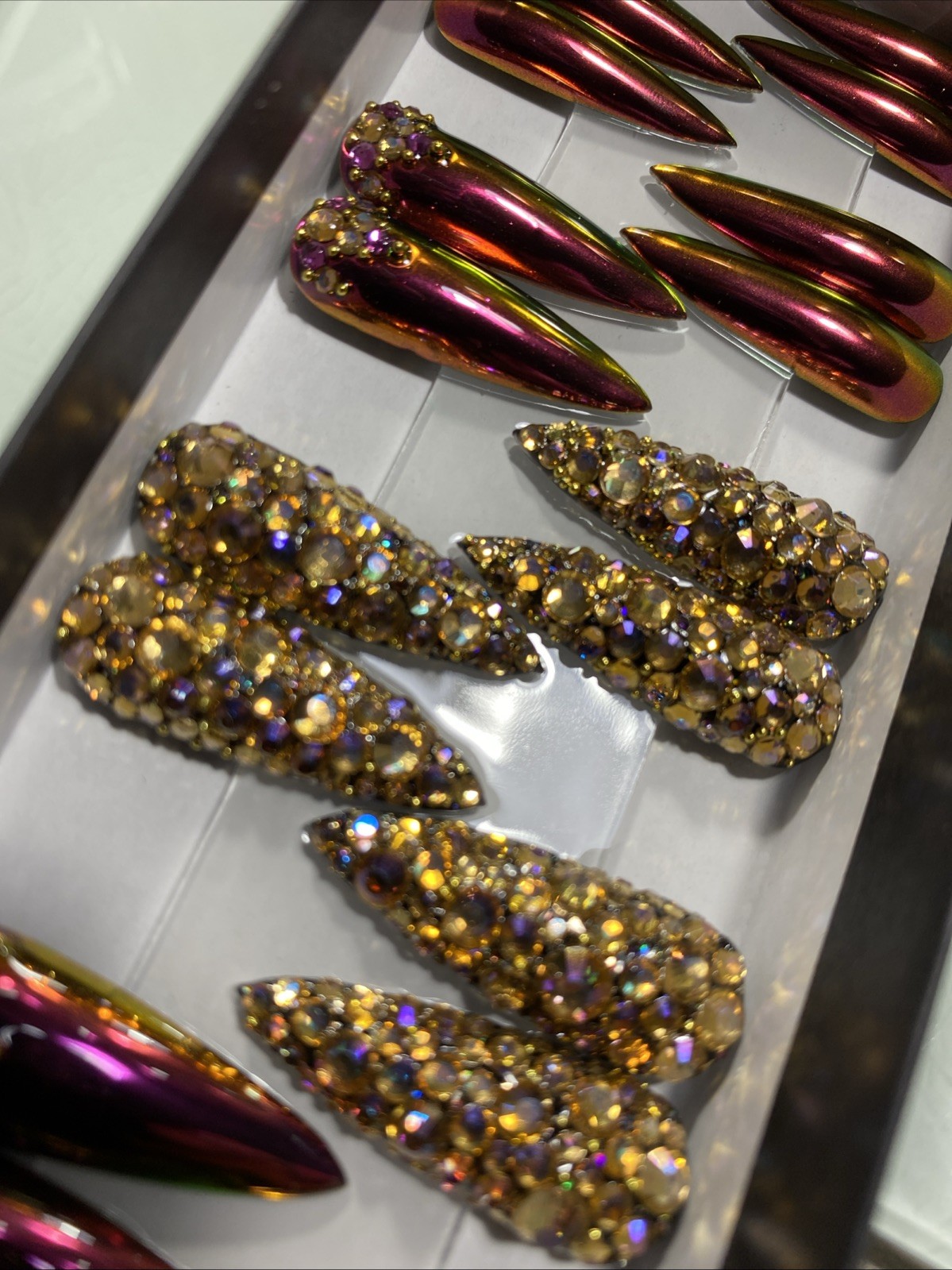 Press On Nails 26 Handmade Long Stiletto Chrome Cateye Crystal Gel / Gel Polish