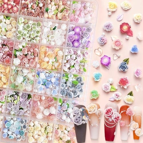 Colorful Flower Nail Charms Set – 24 Mixed Floral Decor with Pearl Leaves & Resi