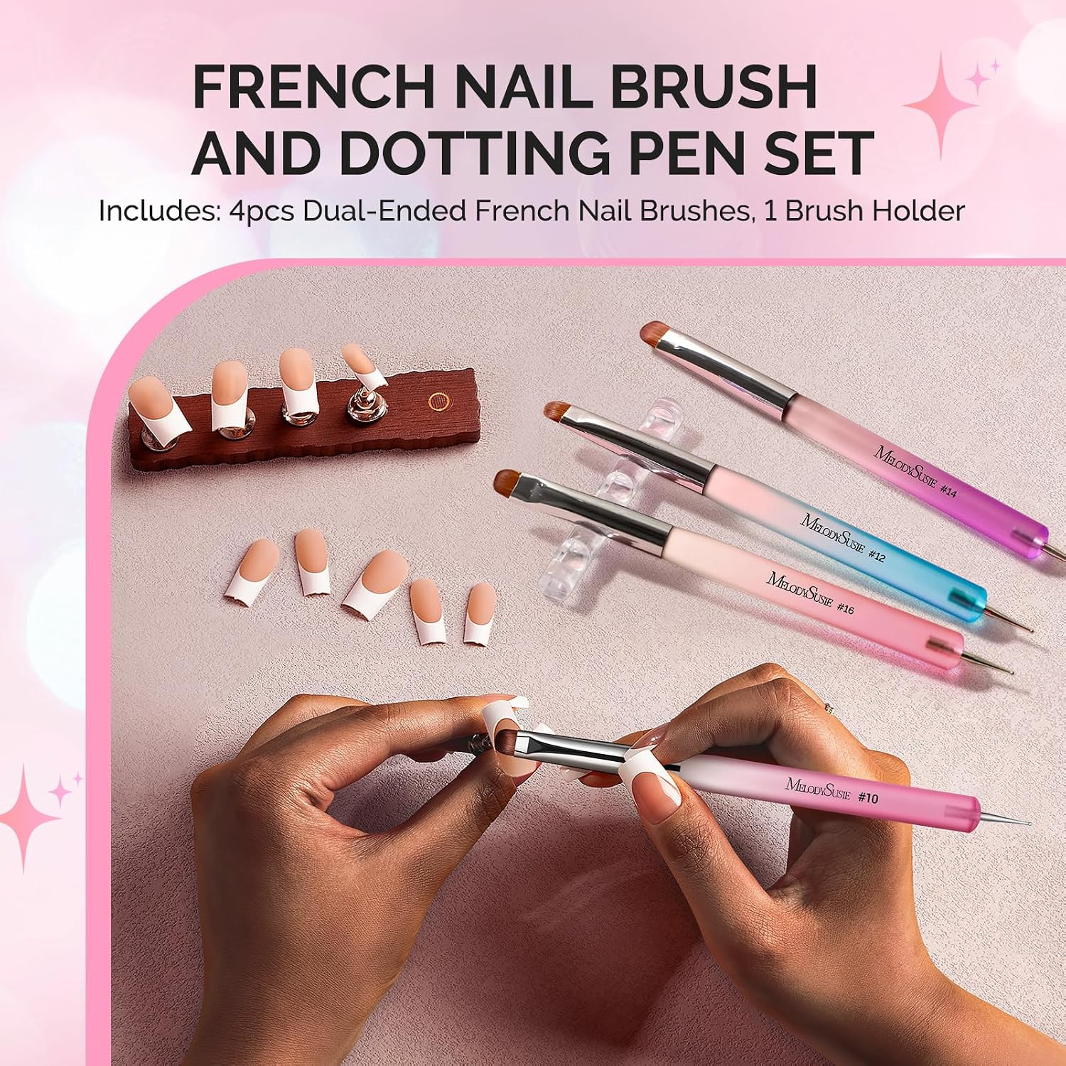 Melodysusie 4Pcs Dual-Ended French Nail Brush and Dotting Pen Set, Size #10#12#1