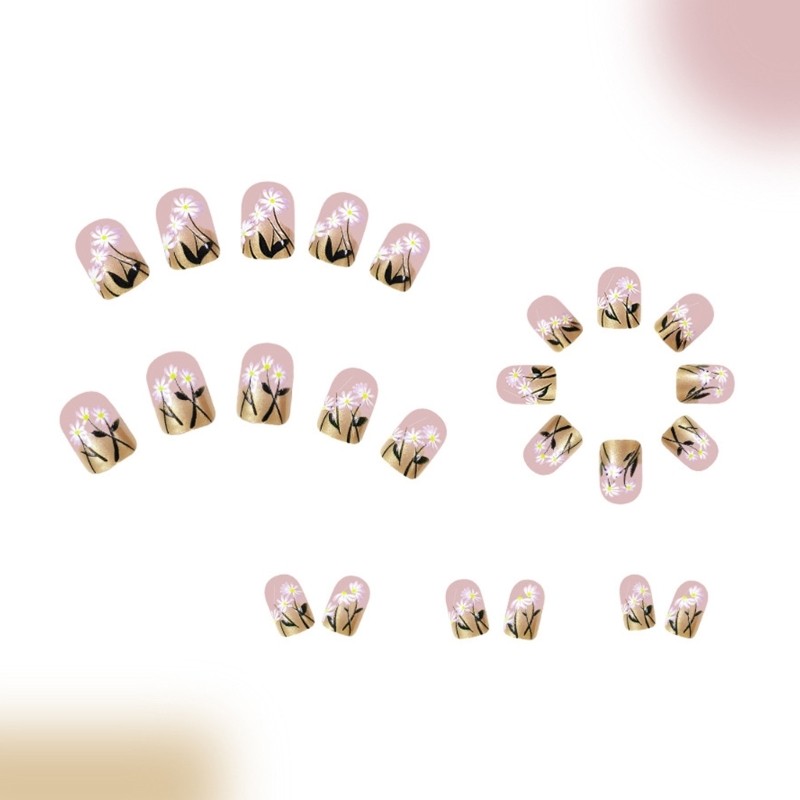 24 Pieces Short Square On Nail Flowers Full Cover Press on Nail For Girls