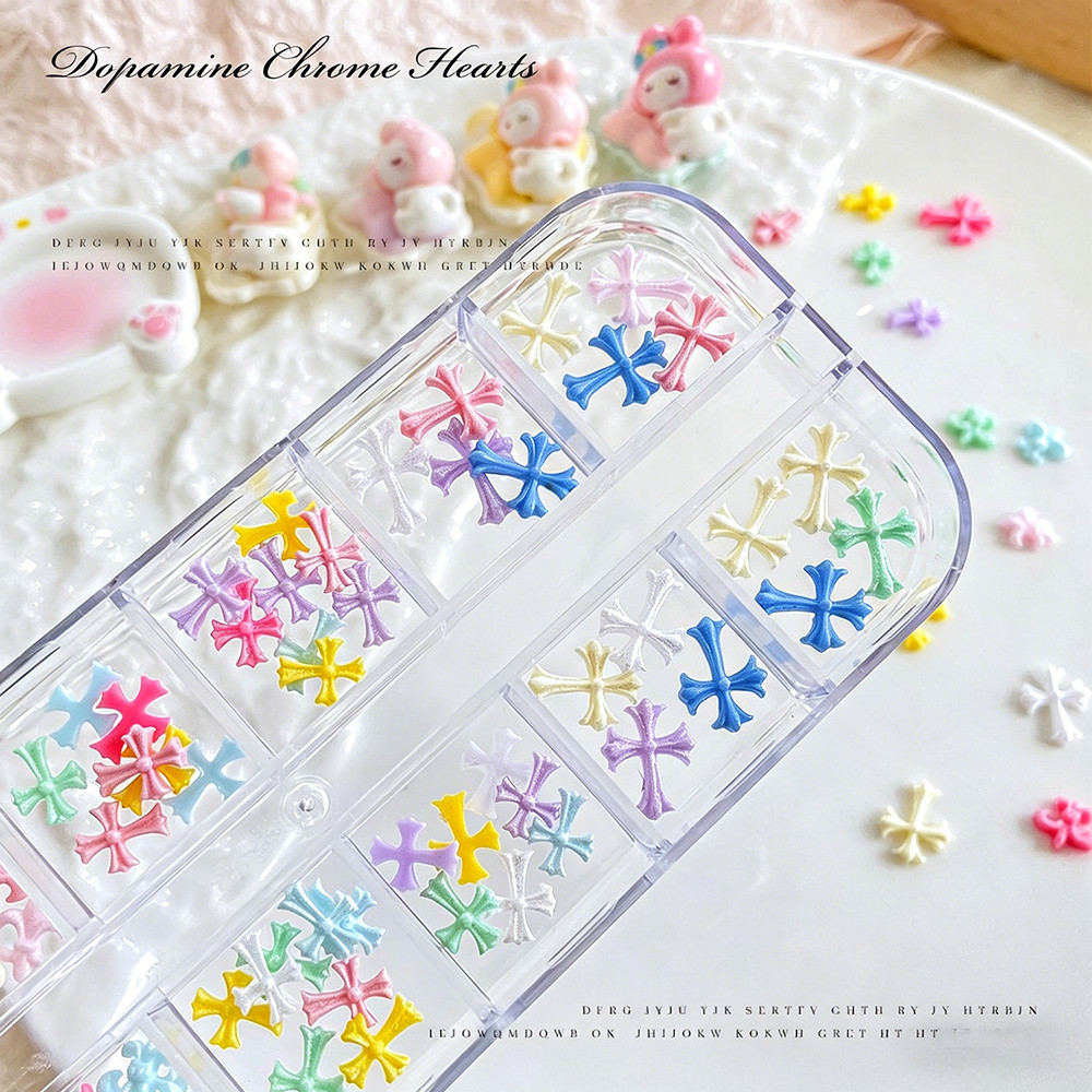 12-Grid Mixed Color Resin Cross Nail Art Sweet Dopamine Style for Press On Nails