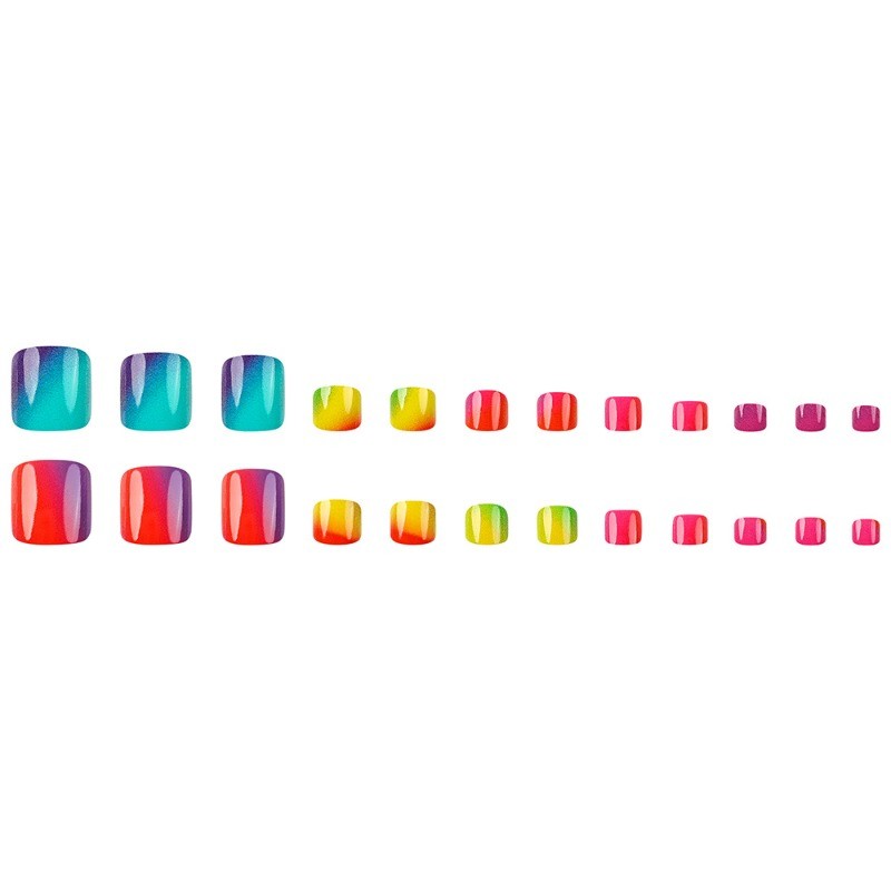 48P Short Square Toe Press on Nails, Colorful Rainbow Ombre Glossy Fake Toenails