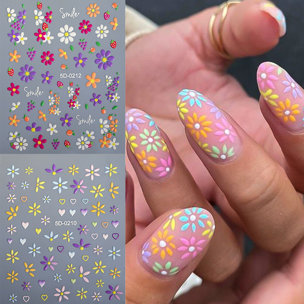 5D Embossed Nail Stickers Daisy Heart Flower Bow Engraved Adhesive Peel NH27