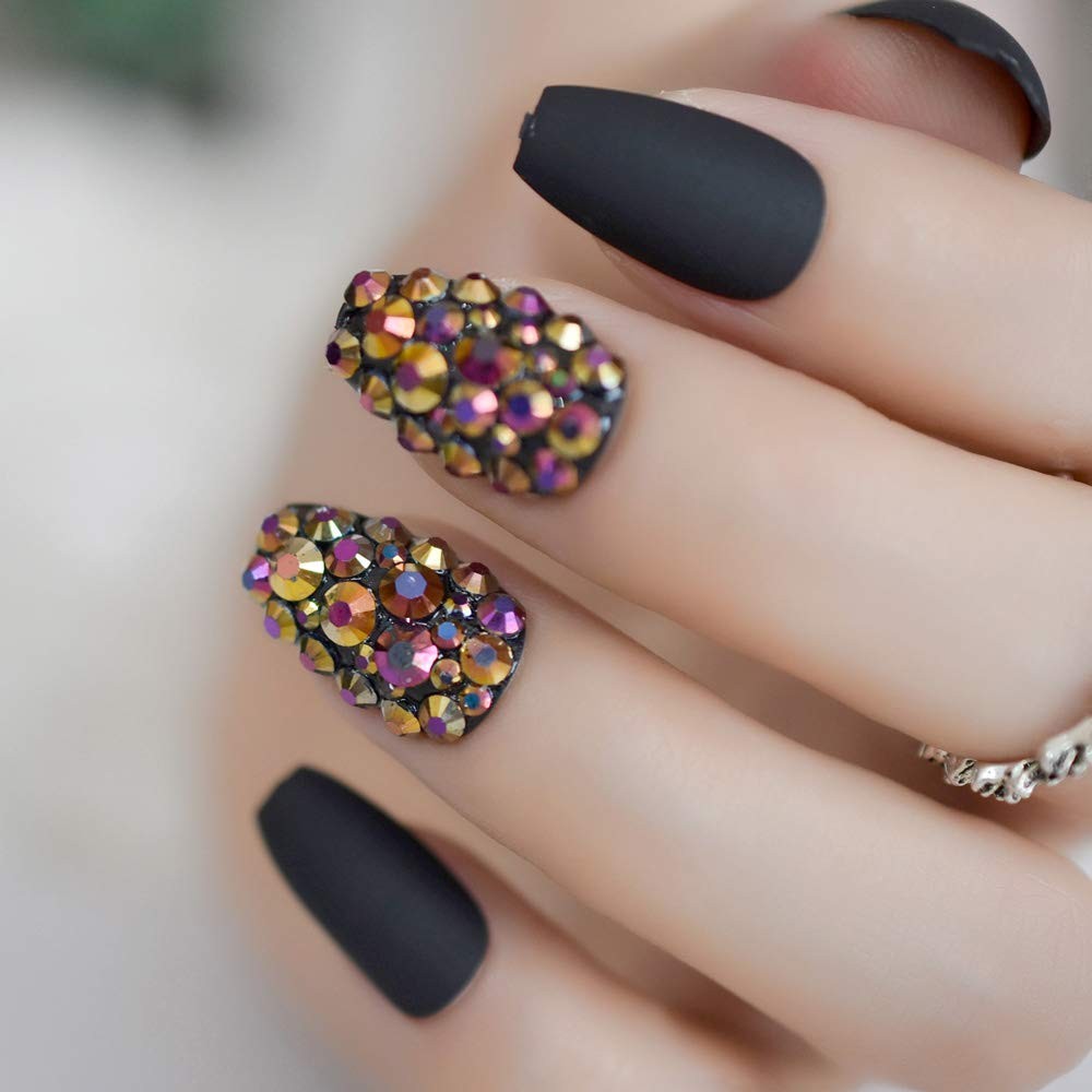Frosted Coffin Nails Set Crystal Press On Medium (24 Count), Black