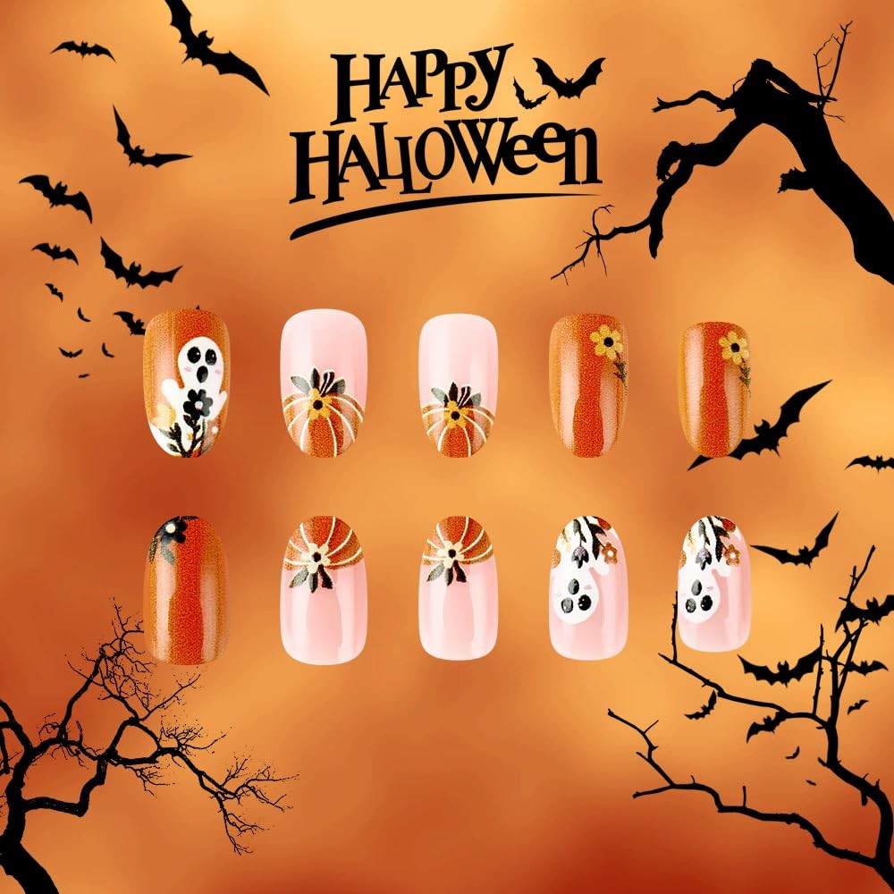 ONPRESS 24Pcs Halloween Press on Nails Short Almond Fake Multicolor