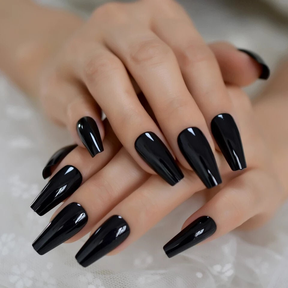 New 24 Press On Nails Kit w glue Black long coffin goth glossy