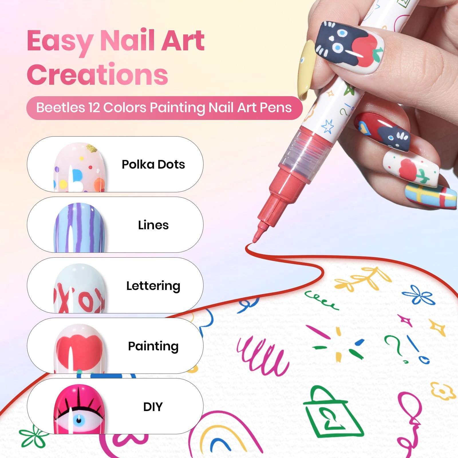 Beetles 12 Colors Nail Art Pens, 0.5mm Fine Line 12 Polish Pens