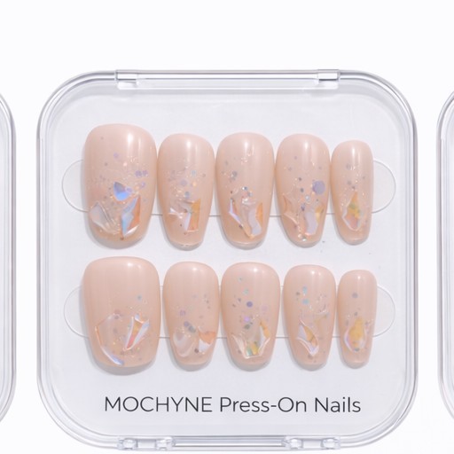 MOCHYNE Press-On Nails Beige Multicolor Shiny Oval Sparkle Design Pre-Designed