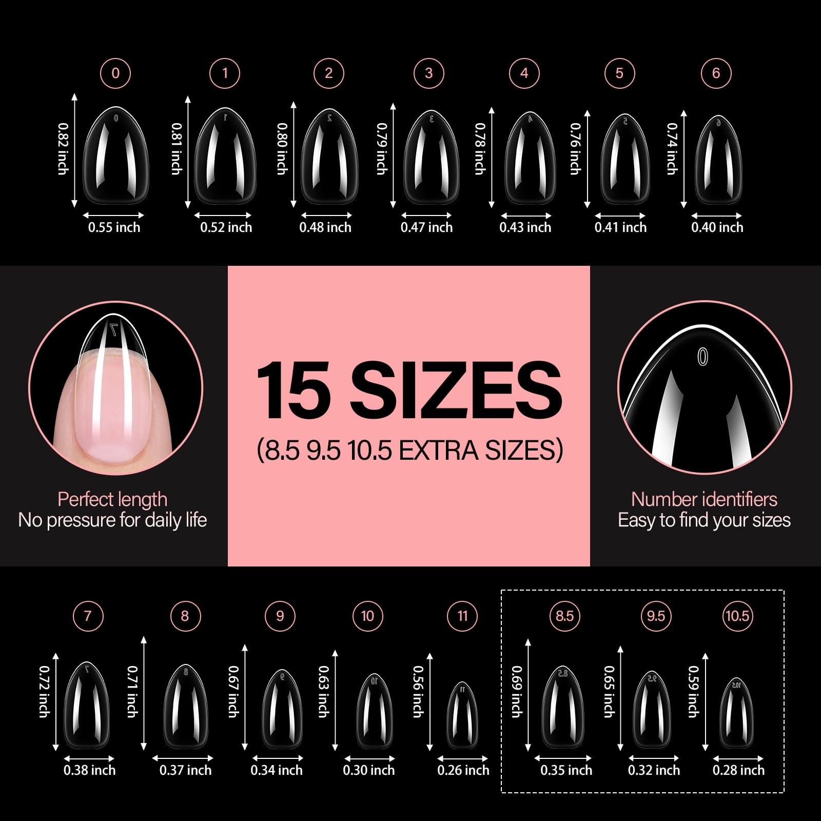 Short Almond Nail Tips, 15 Sizes 240PCS Preshaped Soft Clear Gel Nails Tips F…