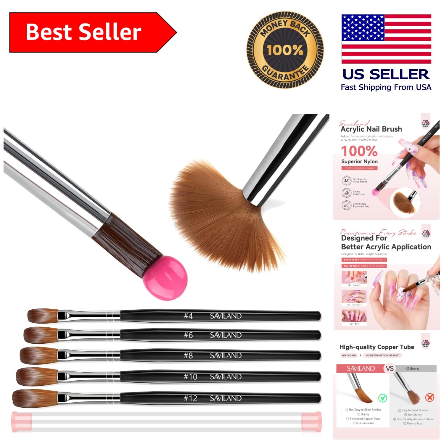 Professional 5 Sizes Acrylic Brush Set: Kolinsky Hair for Smooth Application