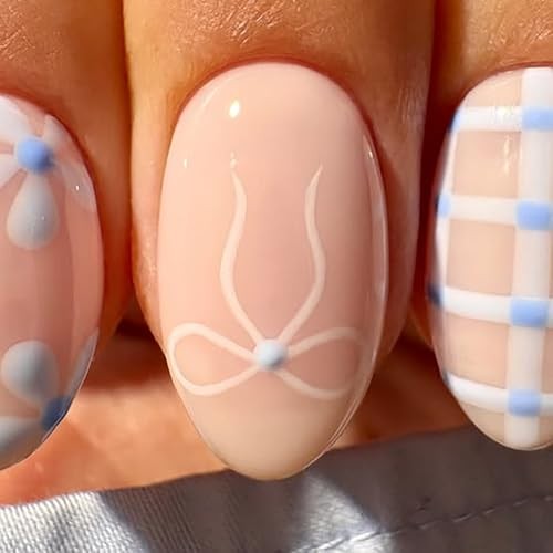 Short Almond Press On Nails Line Fake Nails Press Ons With Flower Bow design-4