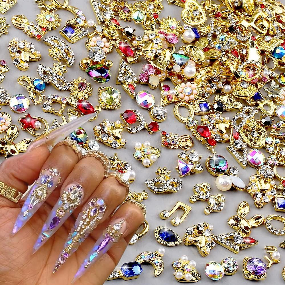 50Pcs 3D Gold Nail Charms for Acrylic Nails Mix Styles Rhinestones for Nails Met