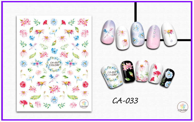 Nail Art 3D Decal Stickers Pink Blue Green Flowers CA033