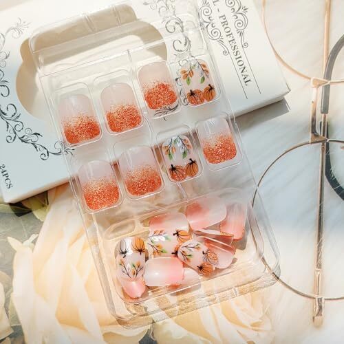 Fall Press on Nails Short Square Fake Nails Glitter Thanksgiving Nails Design-4