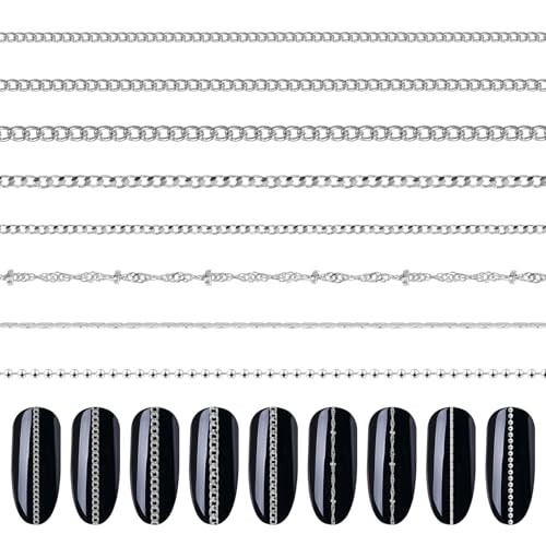 8 Strips Metal Chain Nail Art Charms – Silver Jewelry Chains 3D Decorations
