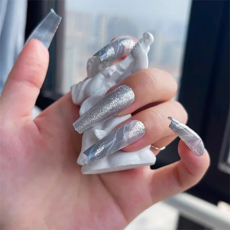 Press on Nails Coffin, Silver Marble Design + FREE GIFT