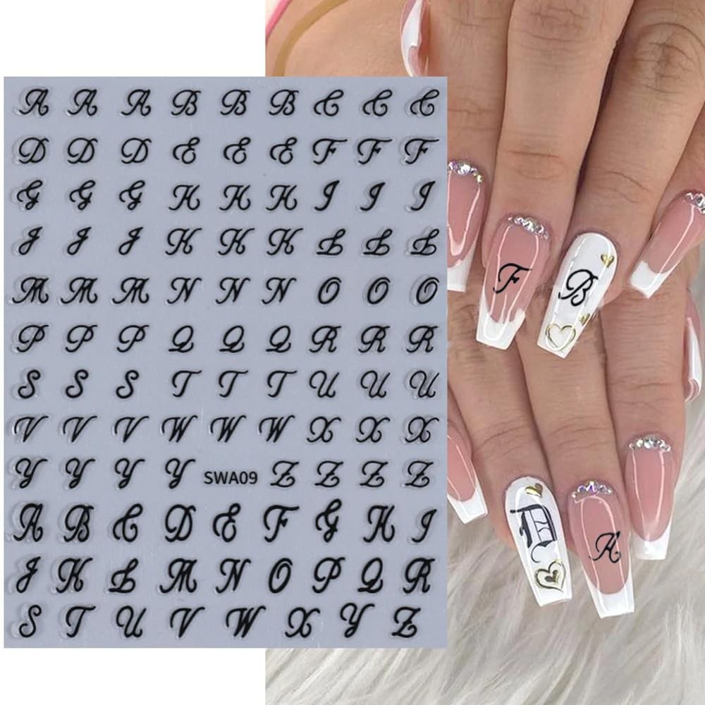 Letter Nail Stickers, 8 Sheets Old English Gold, Silver, Black and White