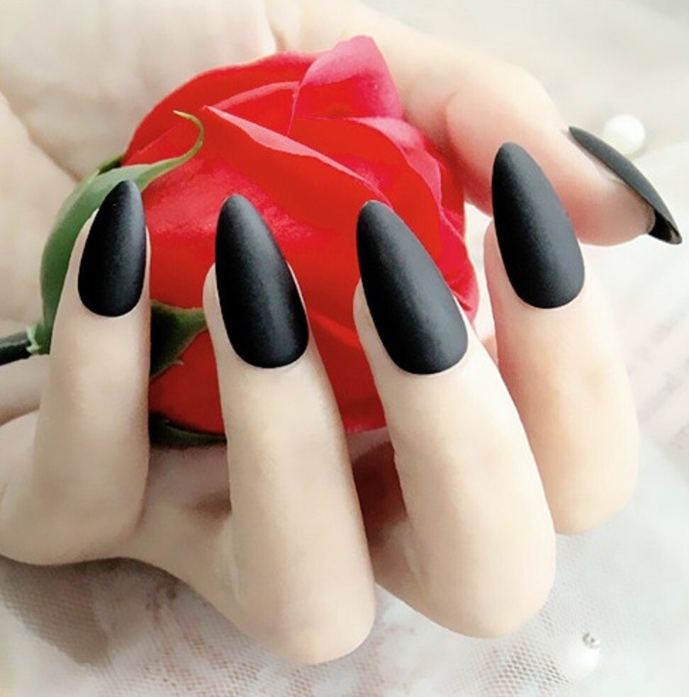 Handmade Press On Nails – Matte Short Almond Nails, Black White Blue Fake Nails