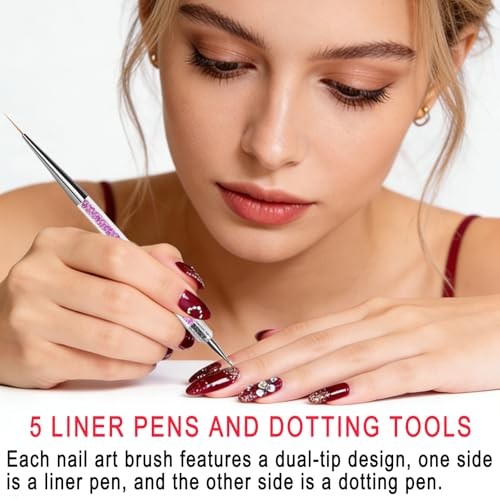 Nail Art Brushes Set, Nail Stand, Liner Pens and Dotting Tool for Nail Art