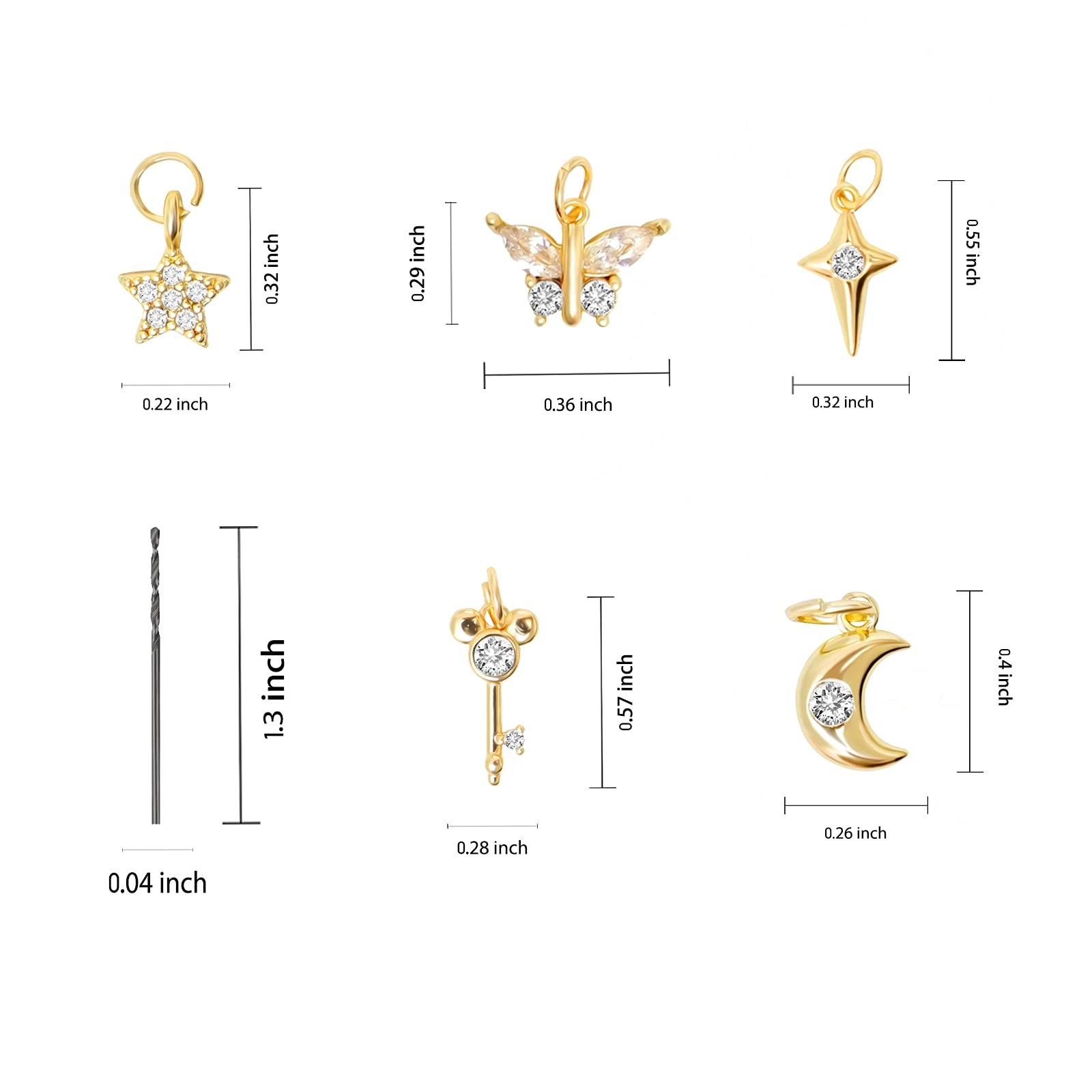 14K Gold Plated Nail Piercing Pendants and a Manual Drill, 5 pcs Metal 3d Nai…