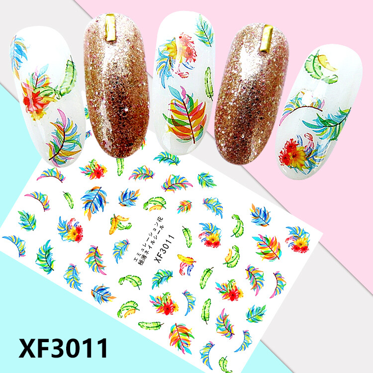 Nail Art 3D Decal Stickers beautiful blue green orange feathers red flowerXF3011