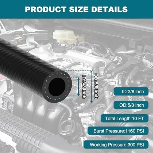 3/8 Inch (10mm) ID Fuel Line Hose, 10 FT 300PSI Push Lock NBR Rubber Hose for Au