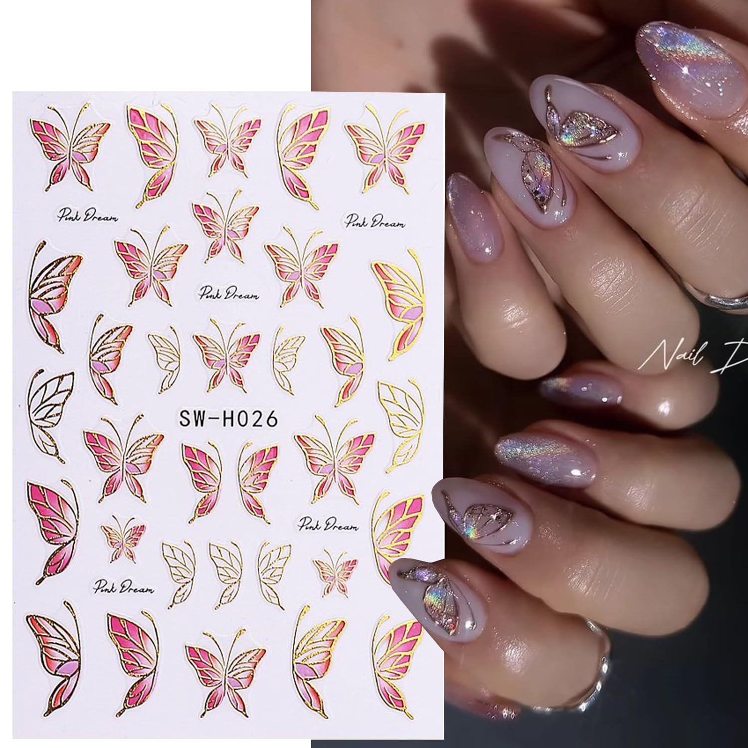 Spring Nail Art Stickers,Summer Flower Butterfly Nail Sticker Golden Edge Flo…