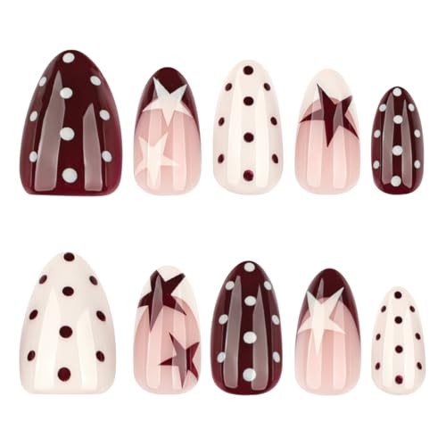 Short Almond Press on Nails – Polka Dot Fake Nails Press ons with Star Style-23