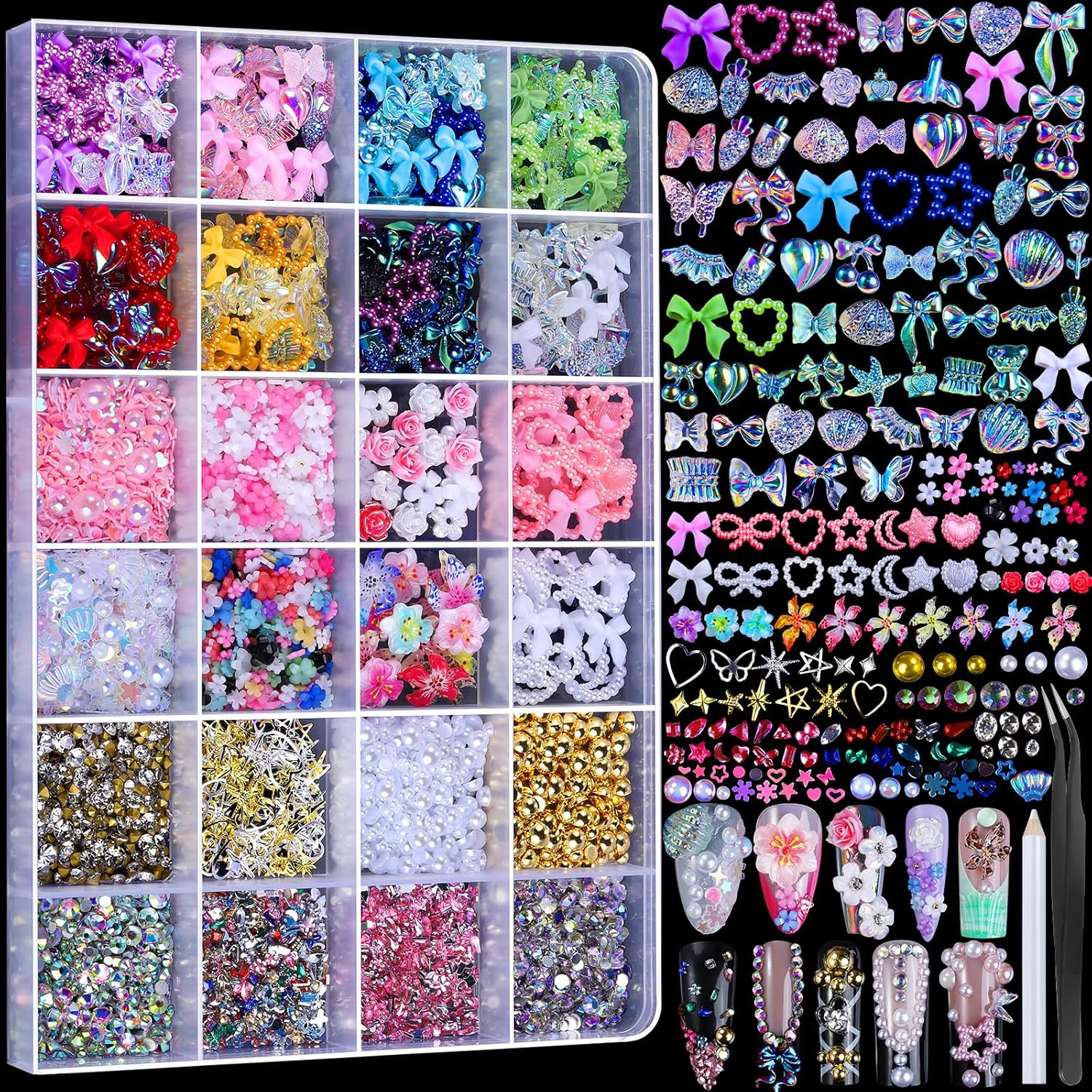 24 Grid Nail Charms Kit 3D Flowers Hearts Pearls Rhinestones Gems for DIY