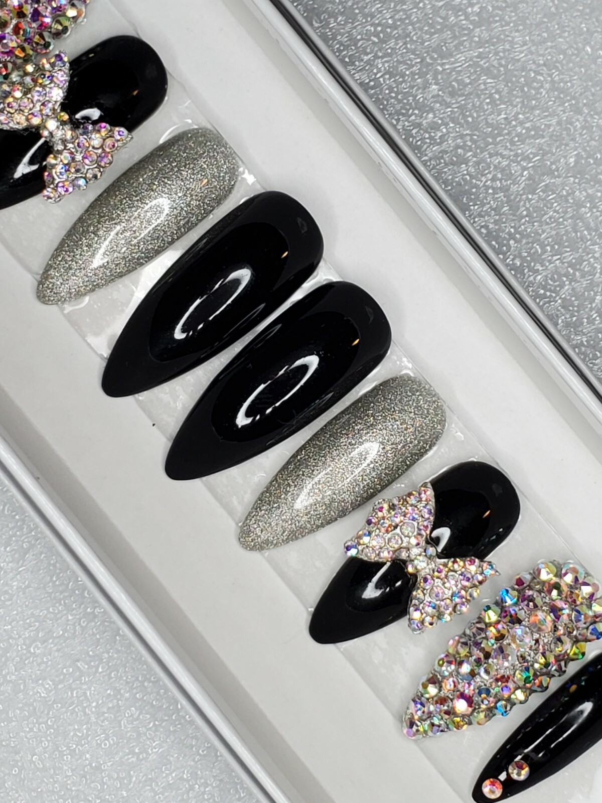 Black holographic glitter bling press on nails holo diamond crystal stiletto
