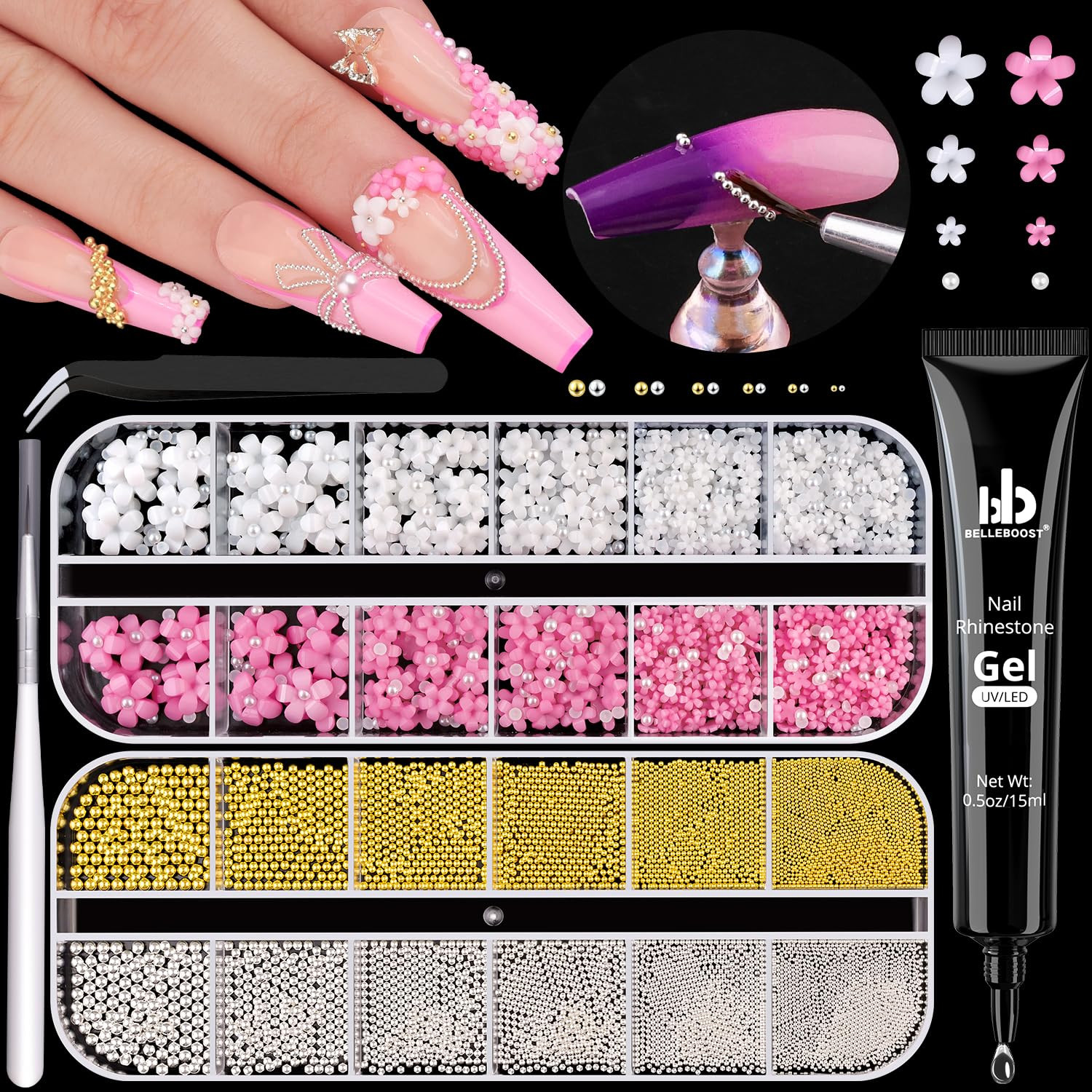 2 Boxes Metal Nail Beads (Silver+Gold) and 3D Flowers for Nail Art, Flatback Pea
