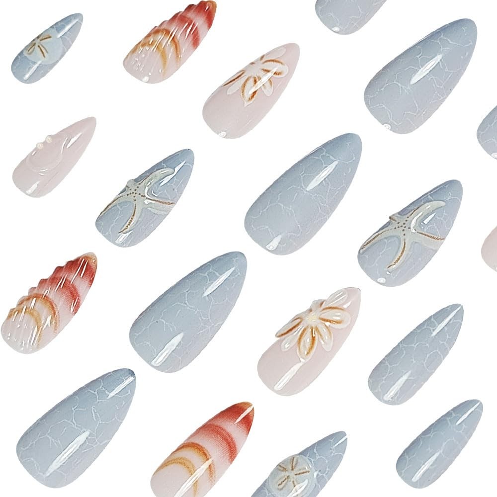 Summer Ocean Press on Nails Almond Medium Fake Nails with 3D Shells Starfish …
