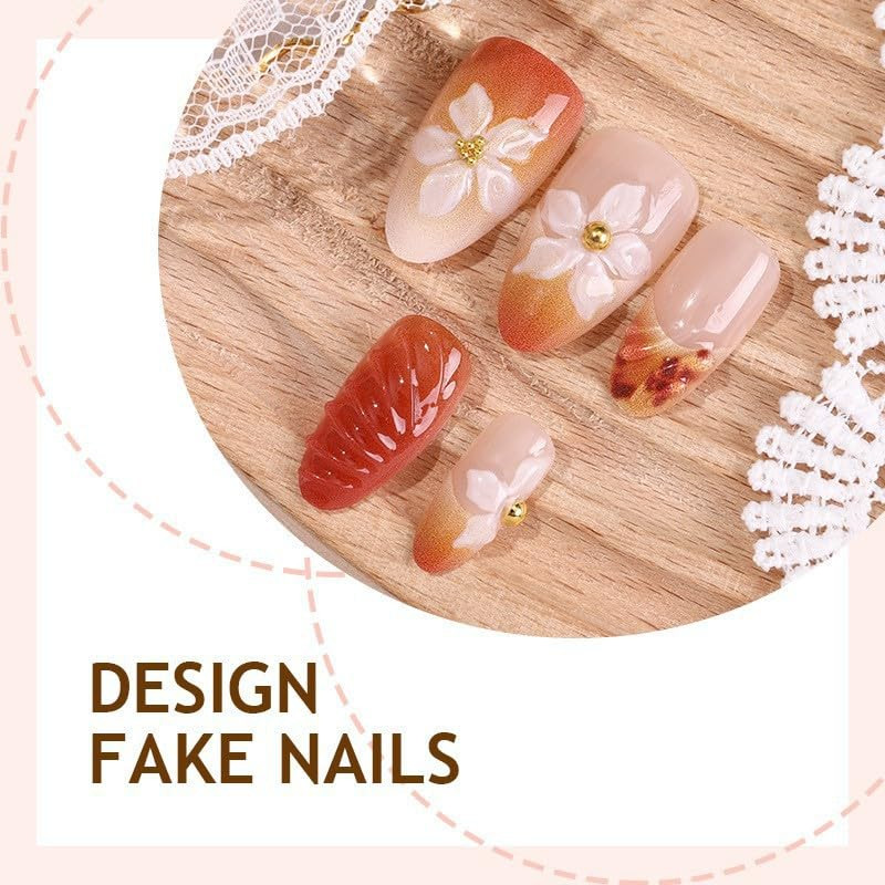 Almond Press on Nails 3D Floral Fake Dark Brown False Artificial Stick on Nails