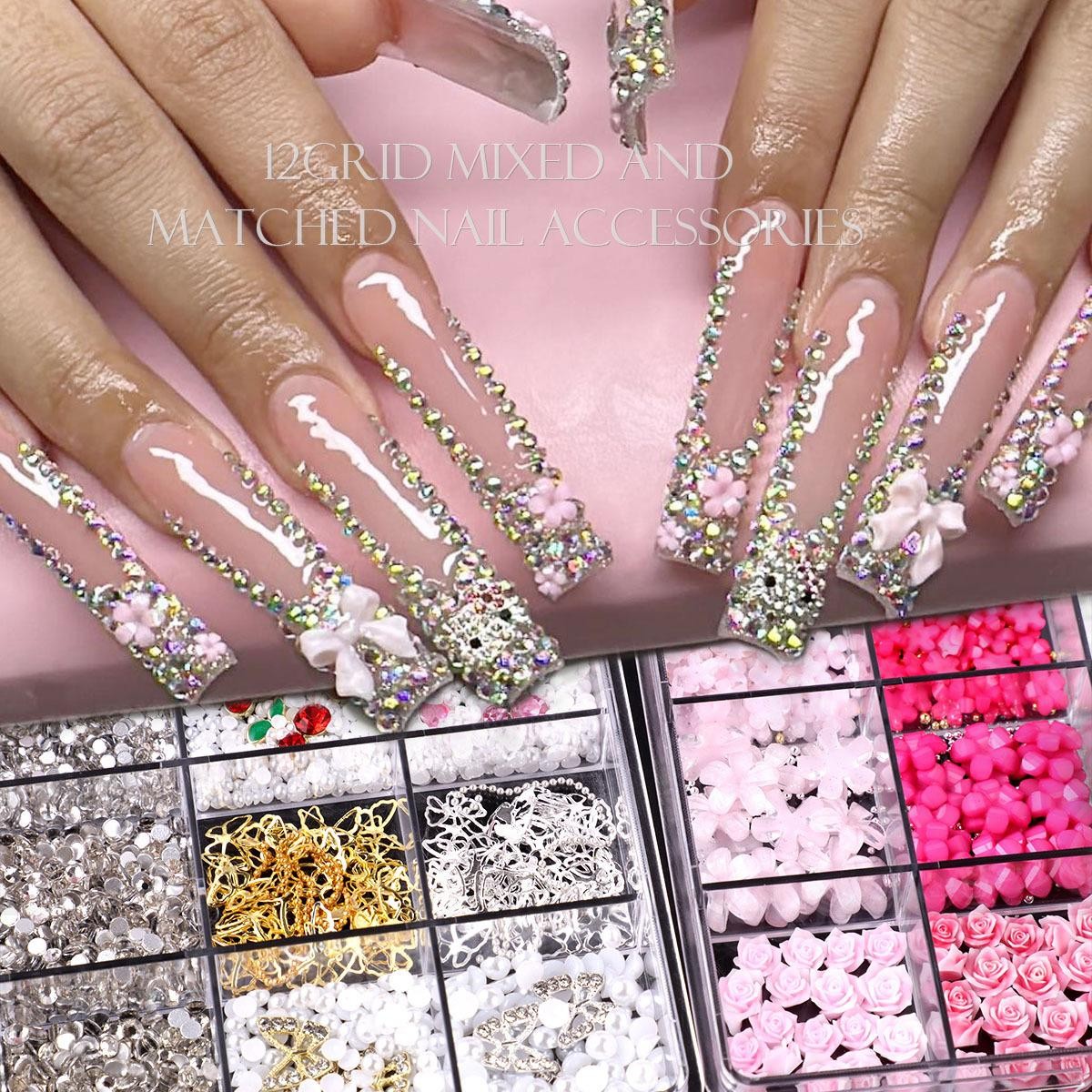 Mixed Flatback Gems & Charms Kit, Bows Flowers Alloy Resin Nail Art Storage Box