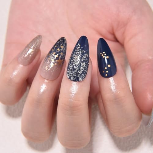 24Pcs – Medium Almond – Ombre Blue & Star Press – 24 Ounce