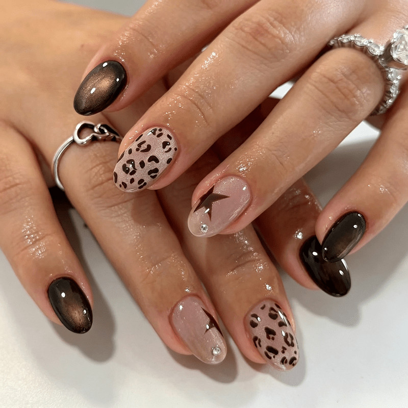 60 Pcs Leopard Star Brown Gradient Oval Press on Nails, Trendy Autumn Fake Nails