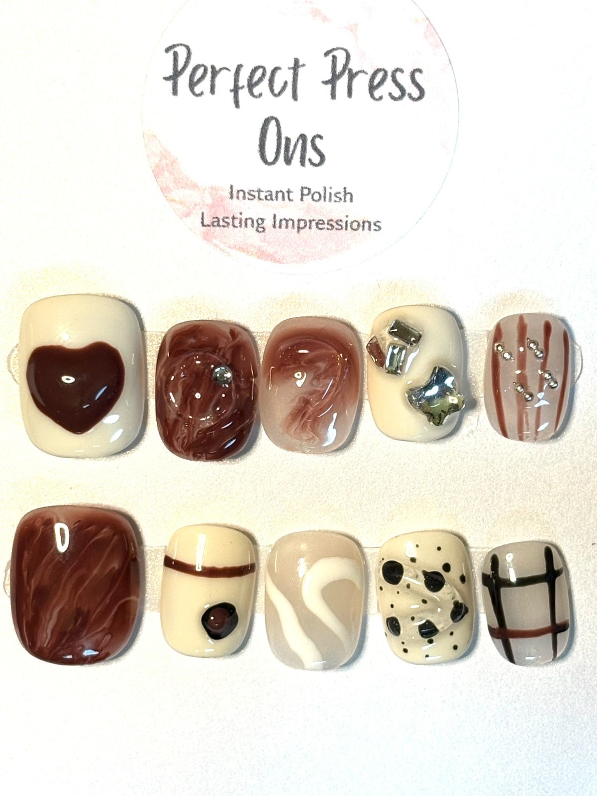 Chocolate Brown Press On Nails Caramel Marble Swirl Hearts Cream Handmade M