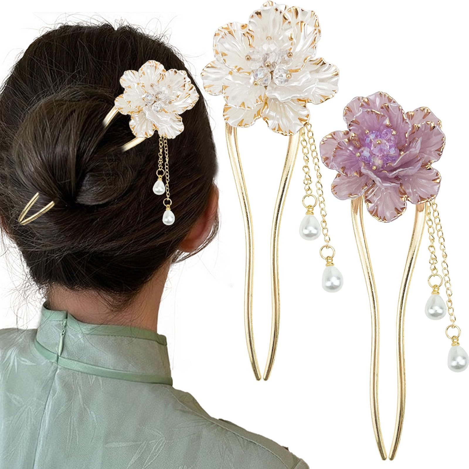 Vintage Pearl Chinese Hair Sticks, Pink 1 Count (Pack of 2), And Gold