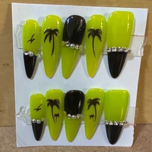Neon Yellow Black Palm Tree Press On Nails Rhinestone Tropical Summer Stiletto