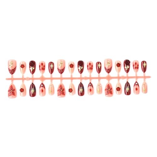 30Pcs Red Flower Press on Nails Short Almond French Tip Fake Nails Colorful -10