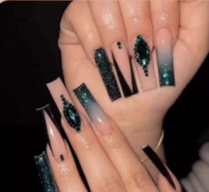 Emerald Green Black And Nude Press On Nails Medium Length Pre Designed