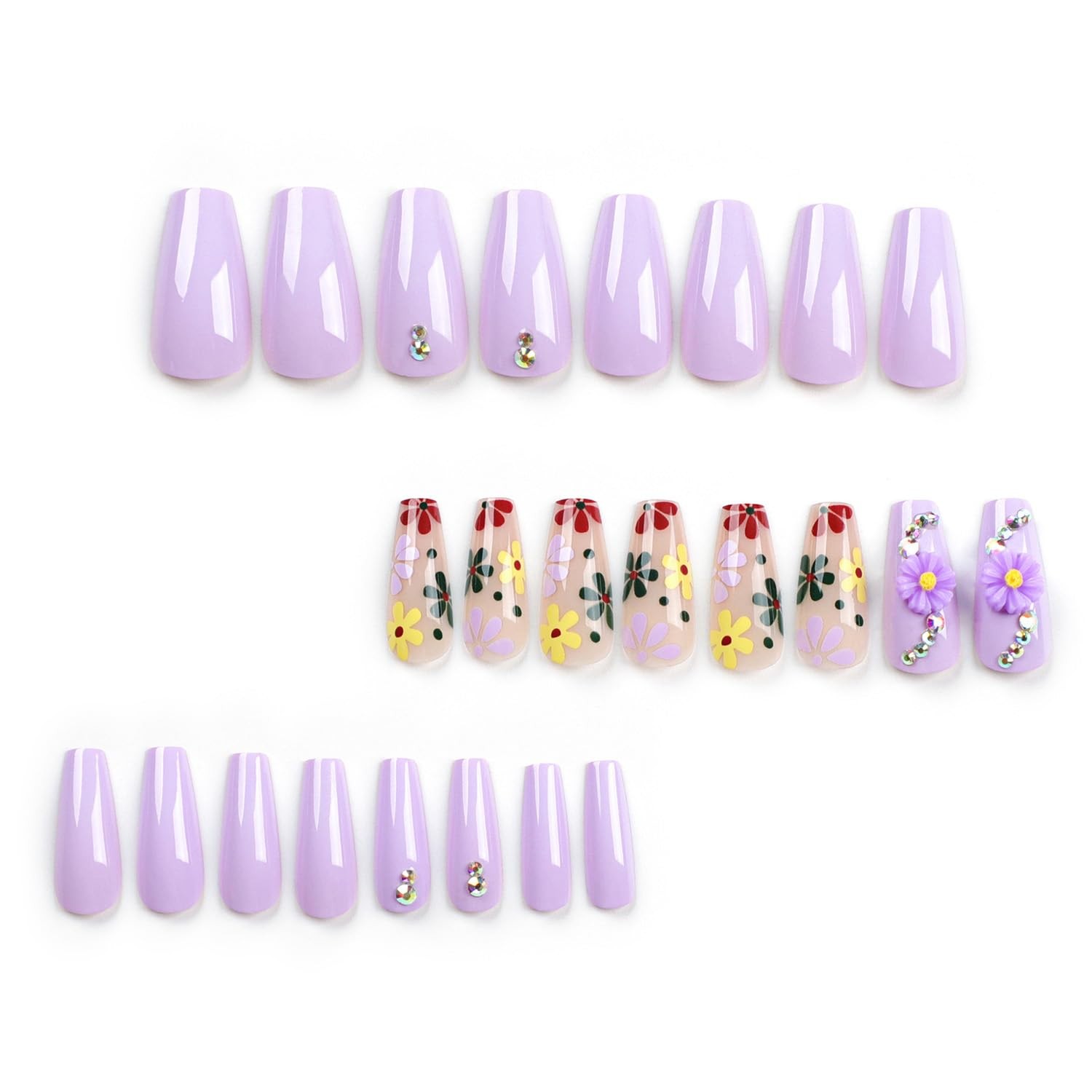 LPOODDNU Press On Nails Medium Coffin Glossy Purple 24Pcs Spring Daisy