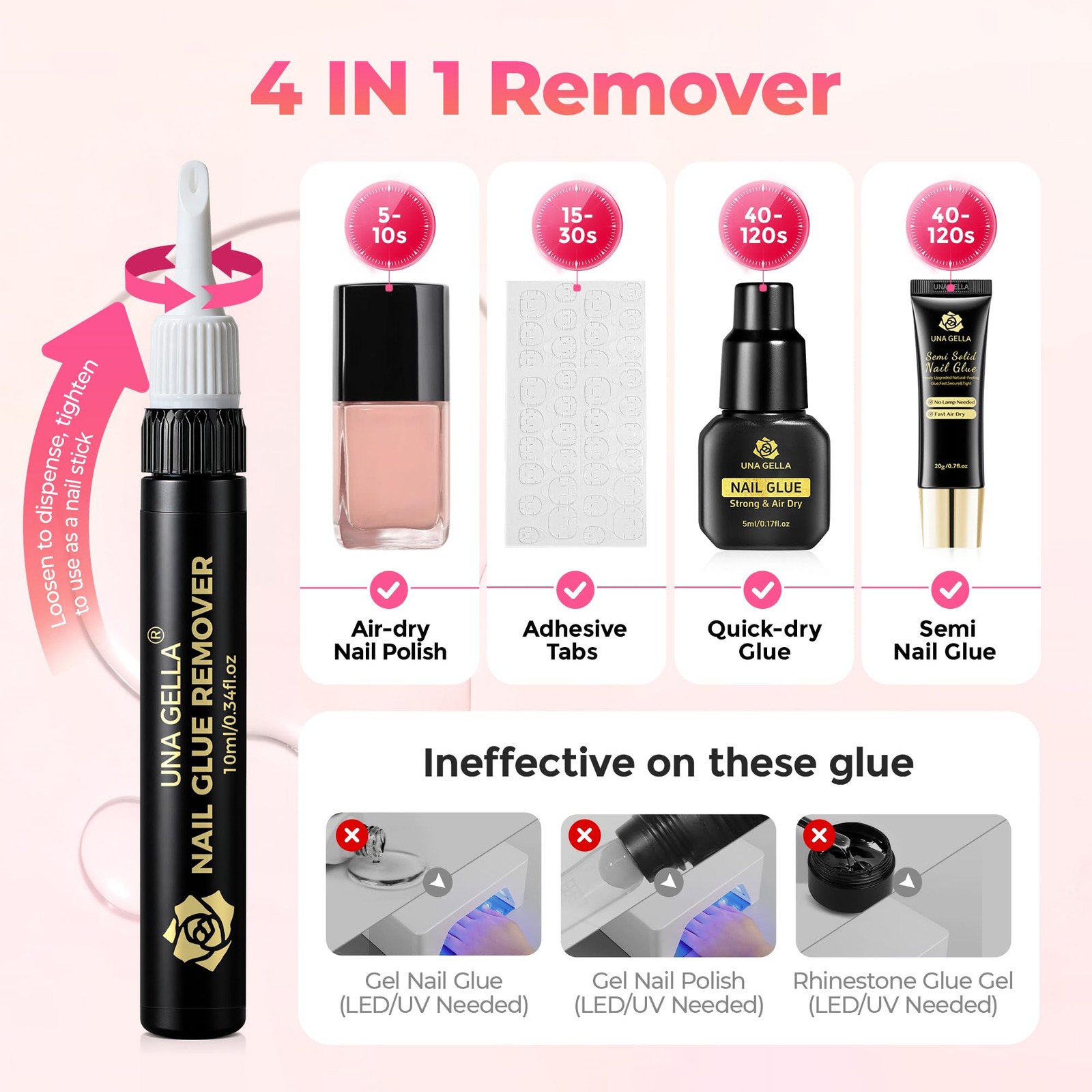UNA GELLA Nail Glue Remover for Press On Nails 10ml 2Pcs, Acetone Free Clear