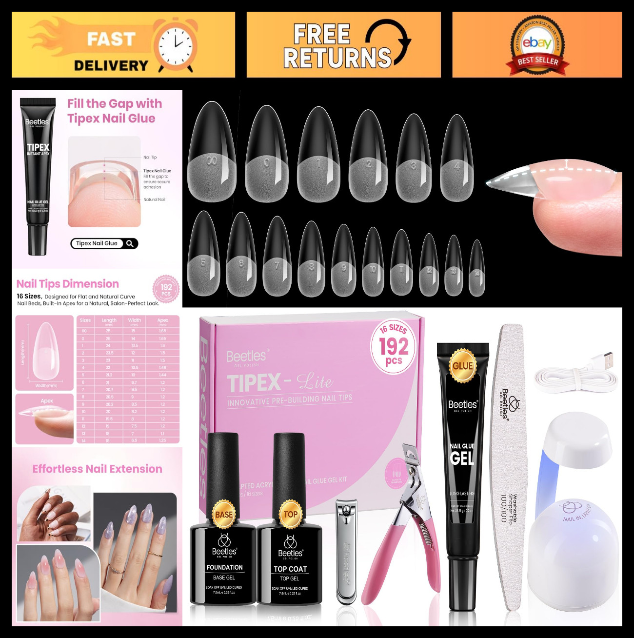 192pcs Almond Medium Nail Tips Kit with UV Glue, Base & Top Coat, Mini Lamp & To